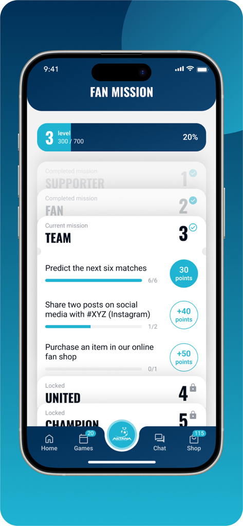 Astana FC - Astana FC app Fan Mission screen displaying level progress and point based engagement tasks