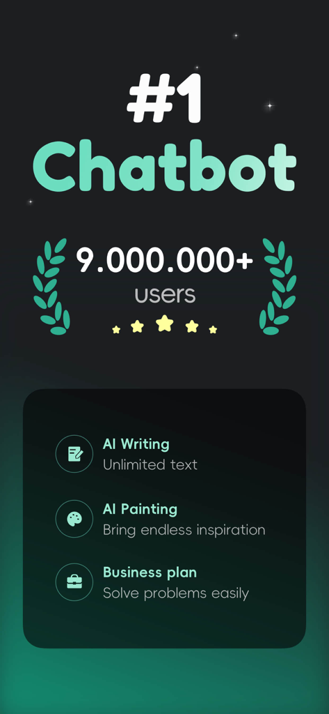 Captura de pantalla de la aplicación Chatbox AI mostrando su clasificación como el chatbot número uno y funciones como escritura IA, pintura y herramientas de planes de negocio