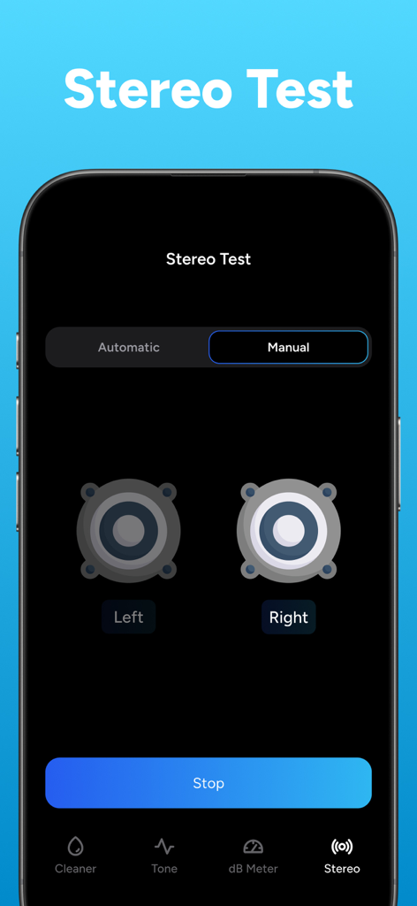 Water Eject  • Speaker Cleaner - Interface of the stereo test feature showing left and right speaker channel icons