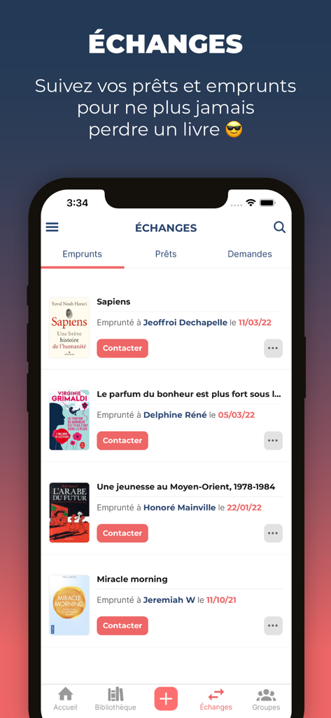 The MyBlio app interface displaying a list of borrowed books for exchange tracking