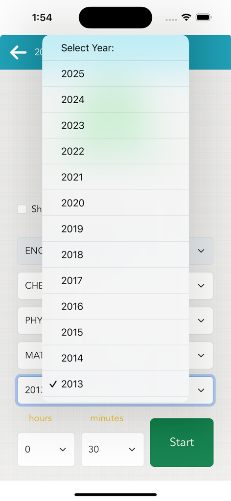 Interfaz para elegir el año del examen de práctica y configurar la duración de la prueba en la aplicación ePractice CBT