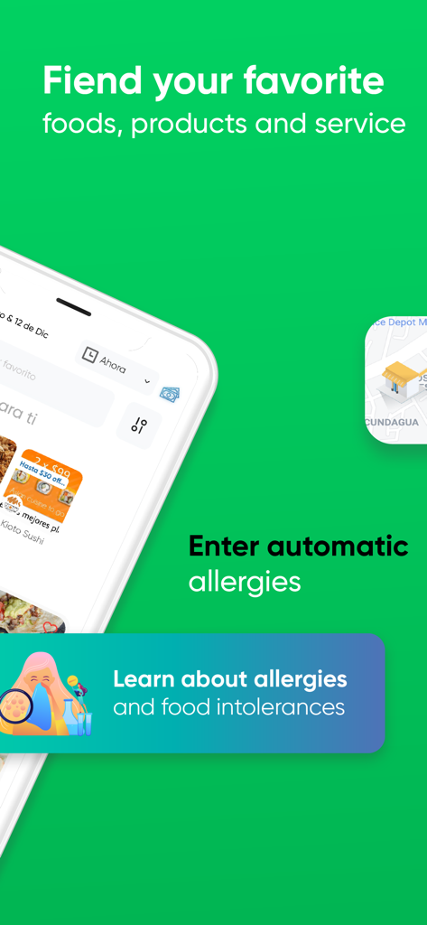 876get - A screenshot of the 876get mobile app interface showing food delivery options and a feature for managing food allergies and intolerances