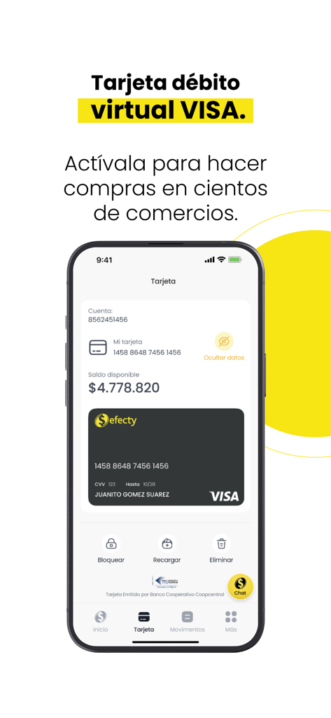 Schermata mobile dell'app Efecty che mostra una carta di debito virtuale VISA con opzioni per ricaricare e gestire i fondi.