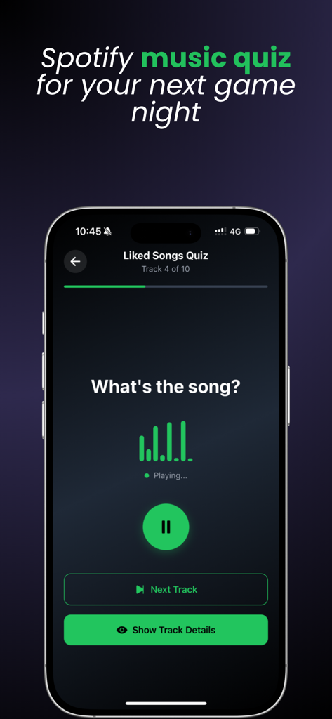 Spotiguess mobile app interface showing a music quiz based on Spotify liked songs