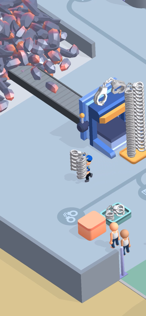 Visão isométrica de um guarda prisional carregando uma pilha de algemas perto de uma máquina de produção e esteira rolante