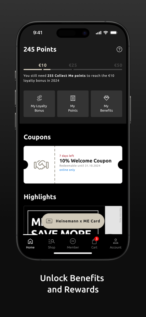 Interface of the Heinemann app showing member loyalty points and exclusive shopping coupons.