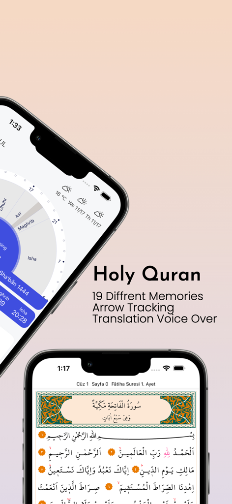 Interfaccia dell'app Azan Time Pro che mostra il Sacro Corano in arabo e gli orari di preghiera su uno schermo di iPhone.
