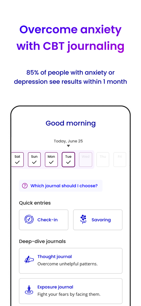 Unstuck: CBT Therapy Journal - Unstuck app interface showing CBT journaling options for anxiety relief including thought and exposure journals.