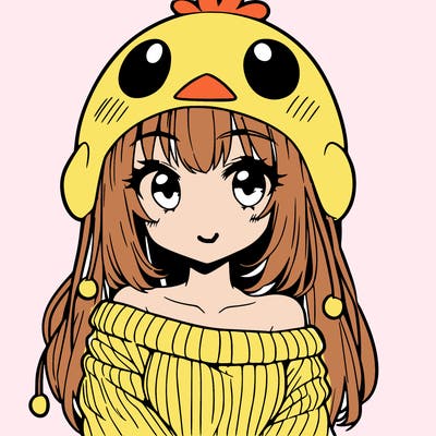 anime girl with chick shaped hat with sweater with bare shoulders with bangs covering them one eye with low tail
