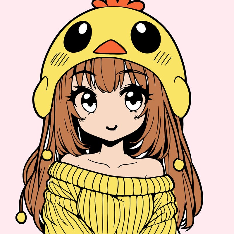 anime girl with chick shaped hat with sweater with bare shoulders with bangs covering them one eye with low tail