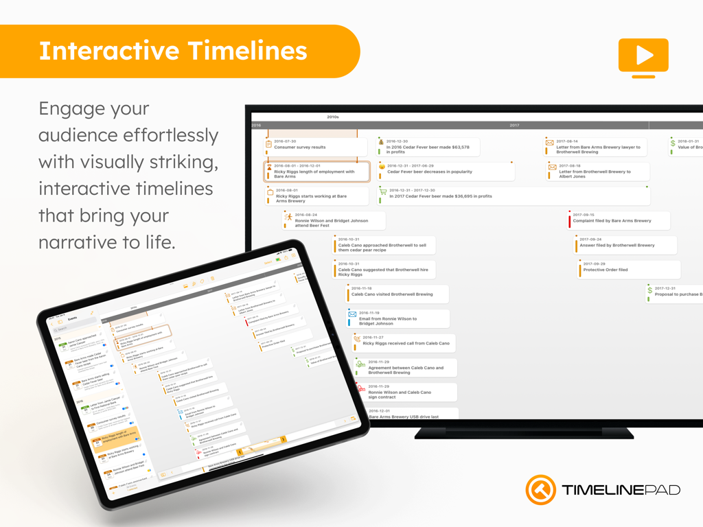 TimelinePad - Create Timelines - TimelinePad app showing an interactive legal timeline on an iPad and a large monitor for courtroom presentations