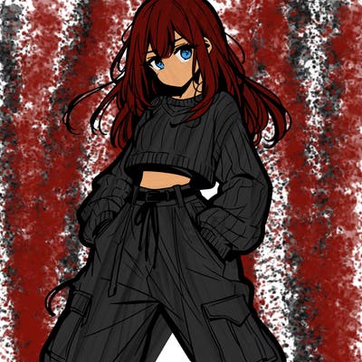 anime teen girl with baggy pants and crop top with sweater