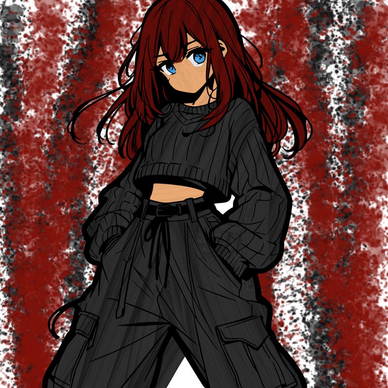 anime teen girl with baggy pants and crop top with sweater