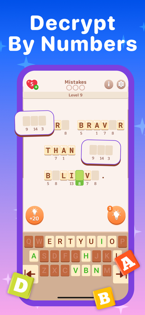 プレイヤーが数字と文字を対応させて隠されたフレーズを解読するワードパズルを示すゲームプレイのスクリーンショット。