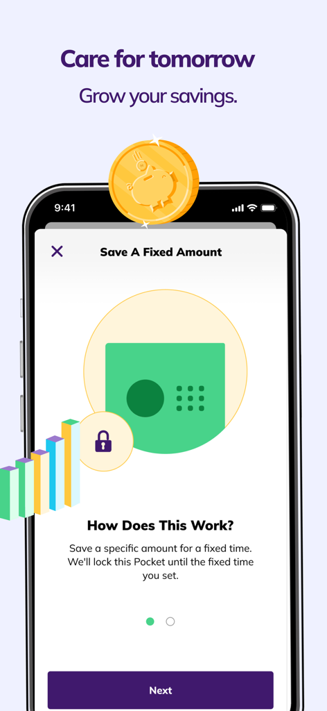 Kuda mobile app interface for saving a fixed amount of money for a set period