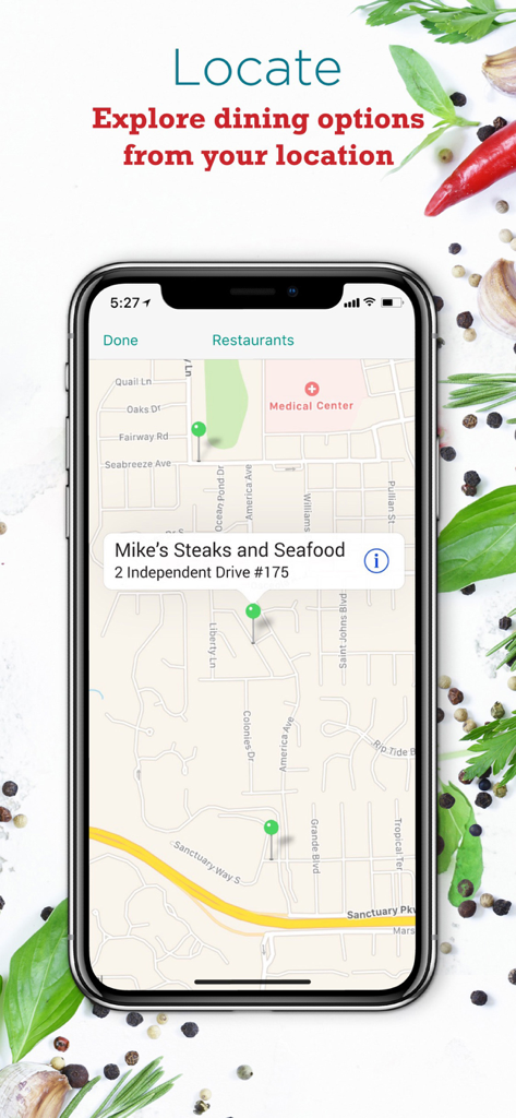 Interface do aplicativo Greenville Dining exibindo a localização de um restaurante em um mapa