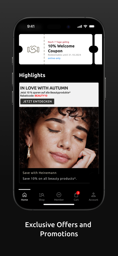 Heinemann duty free app interface displaying exclusive shopping offers and a welcome coupon.