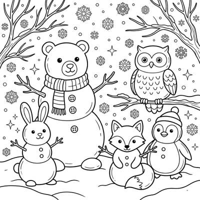 Embrace the chilly charm of winter with this delightful coloring page featuring an array of adorable animal-shaped snowmen. Bring to life a cute bear, a playful rabbit, a sly fox, a wise owl, and a cheerful penguin amidst a snowy wonderland.