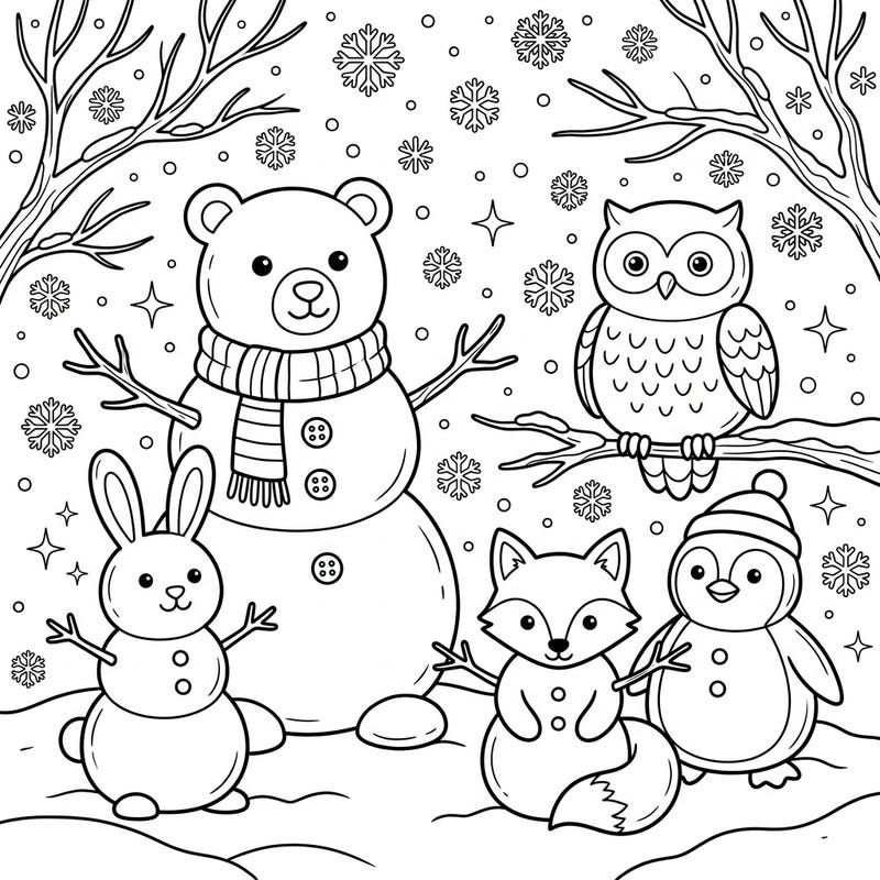 Embrace the chilly charm of winter with this delightful coloring page featuring an array of adorable animal-shaped snowmen. Bring to life a cute bear, a playful rabbit, a sly fox, a wise owl, and a cheerful penguin amidst a snowy wonderland.