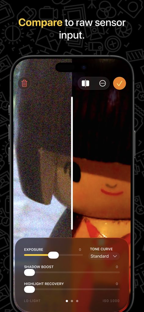 Hydra 2 › AI Camera: RAW + HDR - Vista de pantalla dividida comparando la entrada granulada del sensor RAW con resultados de fotos procesados por IA suaves en Hydra 2.