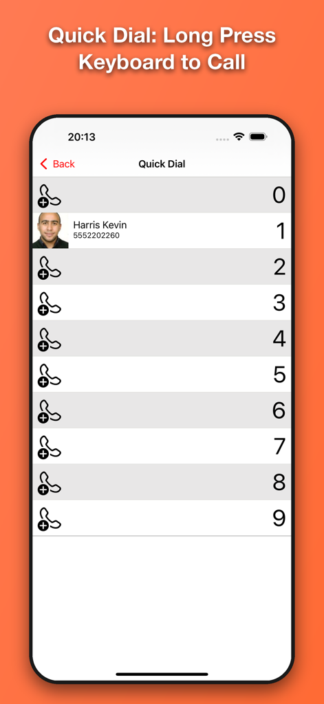 FastCaller - FastCaller app interface for assigning contacts to numeric quick dial shortcuts