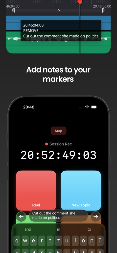 Marker for Creators - プロの編集タイムラインと同期するビデオマーカーにノートを追加する方法を示すiPhone画面。