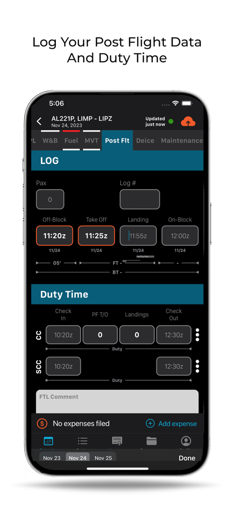 FL3XX Crew - FL3XX Crew app interface for logging post flight data and crew duty times