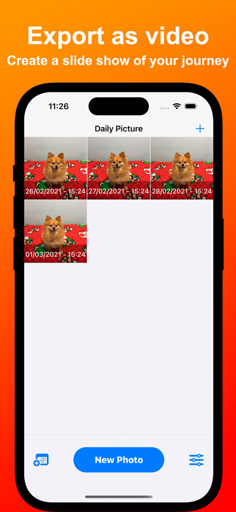 Daily Picture - Selfie a day - Daily Picture app interface showing a photo journey of a pet to be exported as a slideshow video