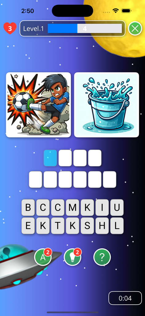 Un puzzle rébus visuel dans l'application WordVibes montrant un garçon donnant un coup de pied dans un ballon et un seau d'eau pour représenter une expression idiomatique.