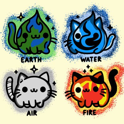 4 cats that represent the different elements, earth, water, air, and fire