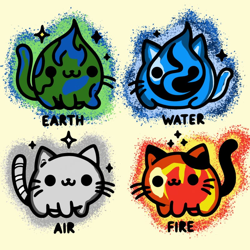 4 cats that represent the different elements, earth, water, air, and fire