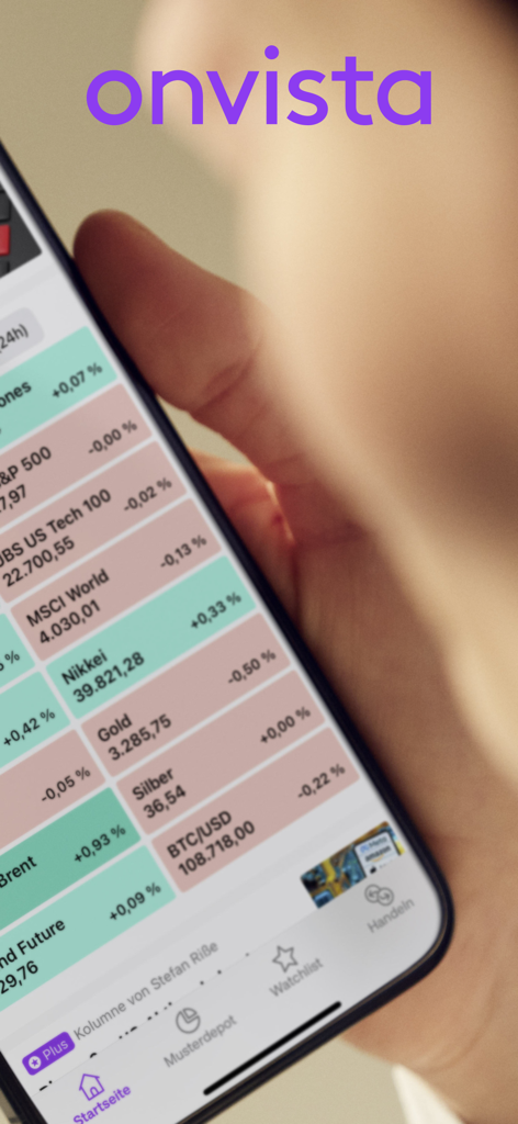 Le tableau de bord de l'application onvista affichant des indices boursiers en temps réel et des prix du marché financier sur un smartphone