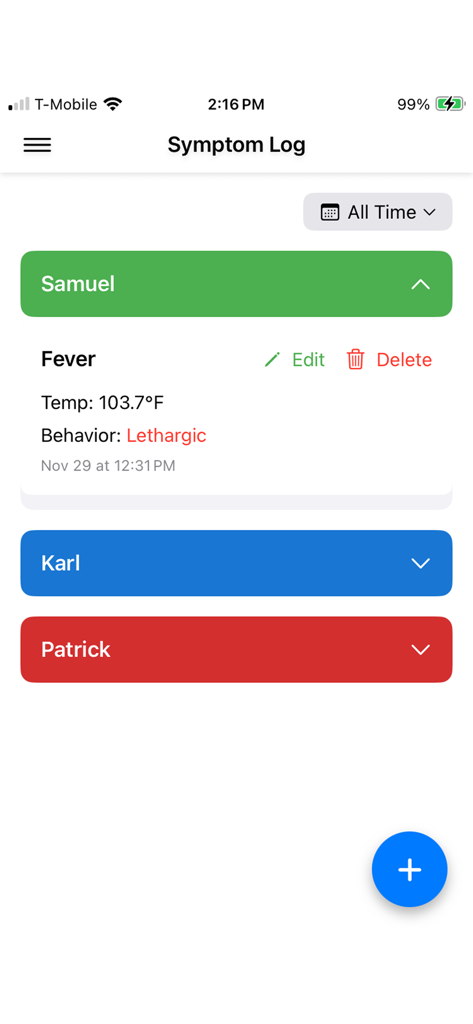 MamaMed - MamaMed app symptom log screen showing a childs fever temperature and behavioral notes