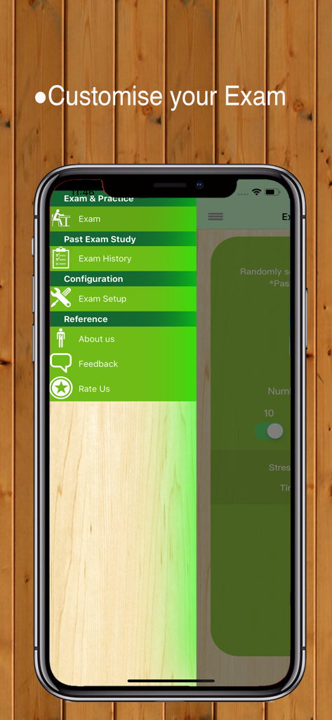 CFA Exam Level1 Studying - CFAレベル1学習アプリのナビゲーションメニュー、木製の背景に試験設定と履歴オプションを表示