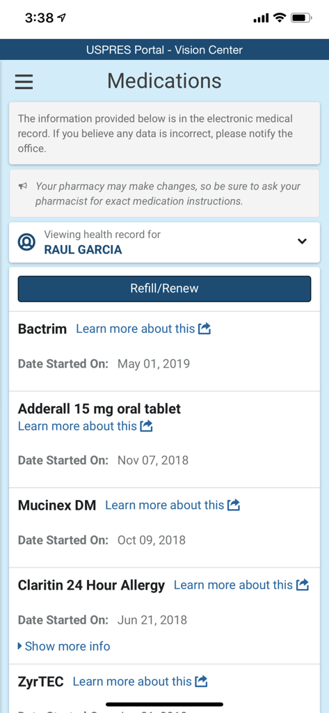 HealtheLife app medication record screen showing a list of current prescriptions and a refill button
