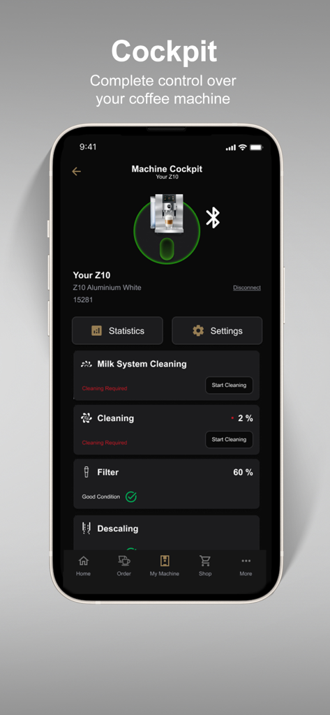 J.O.E. app cockpit showing maintenance status for a Jura Z10 coffee machine.