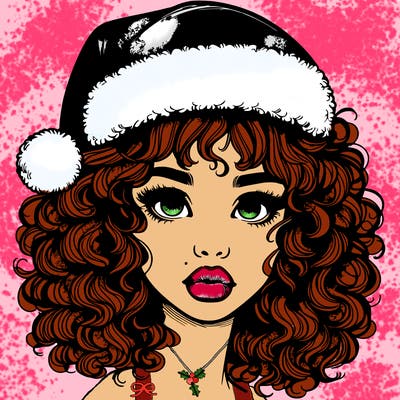 realistic girl with a santa hat curly hair and lips