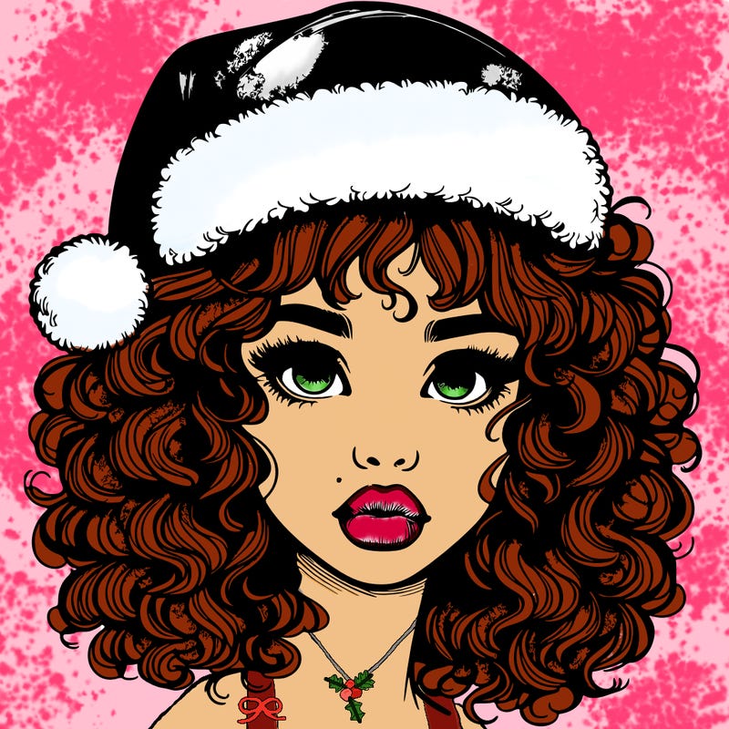 realistic girl with a santa hat curly hair and lips