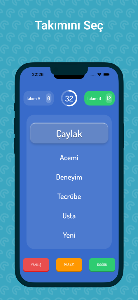 Anlat Bakalım - Tabu Kelime - Captura de pantalla de la interfaz del juego de palabras Anlat Bakalım que muestra una tarjeta de juego en turco con un temporizador y un marcador de puntuación.