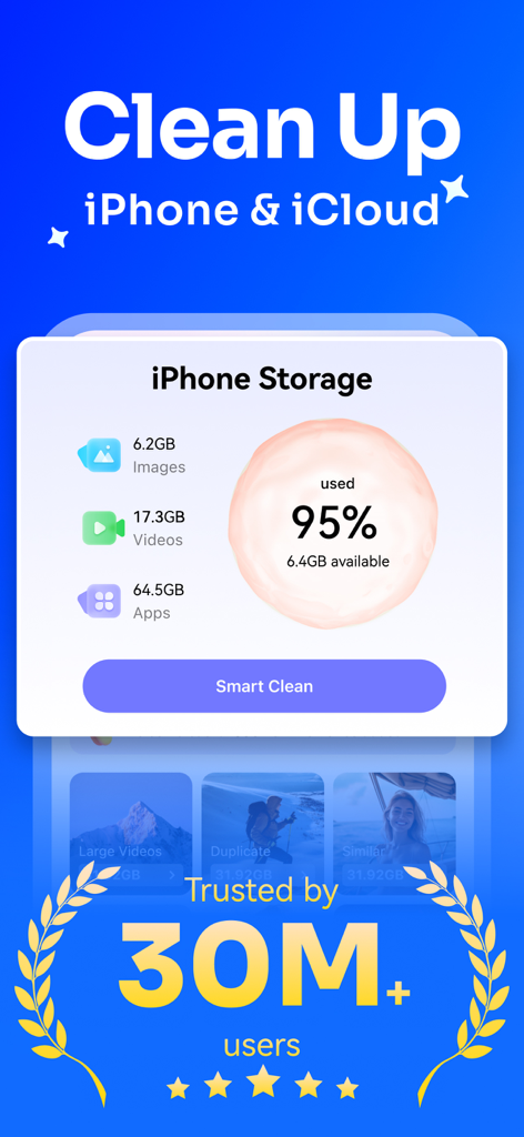 MobileClean - Photo Cleaner - Interfaz de la aplicación MobileClean que muestra el noventa y cinco por ciento de almacenamiento utilizado en un iPhone con un botón de limpieza inteligente