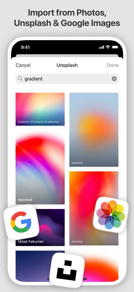Moodboard-App-Oberfläche, die Bildimportoptionen von Unsplash und Google Bilder mit einer Auswahl an ästhetischen Verläufen zeigt.