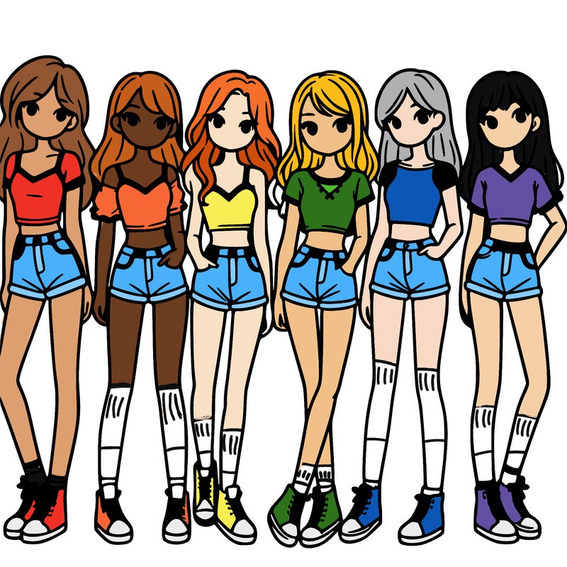 a group of girls wearing crop tops and shorts
