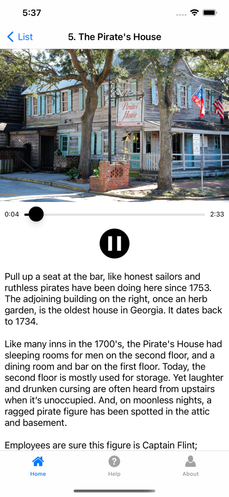 Ghosts of Savannah - Screenshot dell'app mobile che mostra una guida audio per The Pirate's House a Savannah.