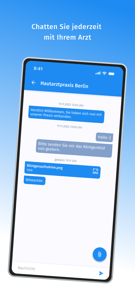 arzt-direkt - A mobile interface showing a secure chat conversation between a patient and a medical practice for document exchange and questions.