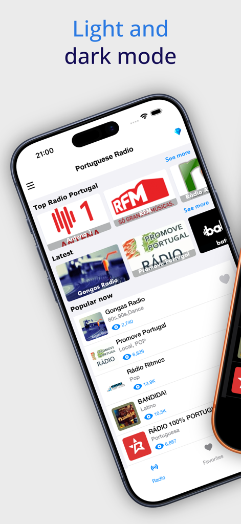 Portuguese Radio Online - Mobile screen showing the Portuguese Radio Online app interface with a list of popular radio stations in light mode