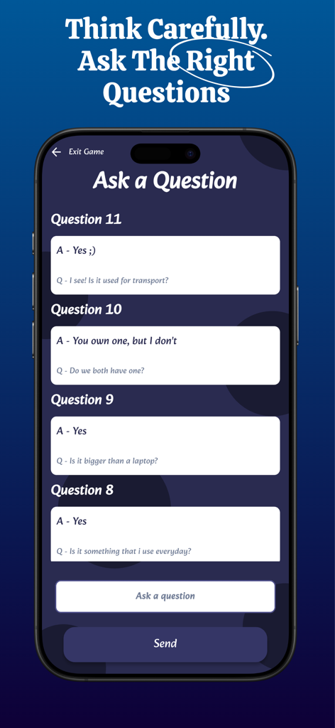 20 Questions - Guessing Game - Gameplay screen of the 20 Questions app showing a list of asked questions and answers