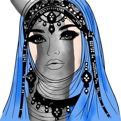 realistic woman with a veil covering her hair and mouth, muslim. the veil contains details with jewels. she has beautiful jewelry.