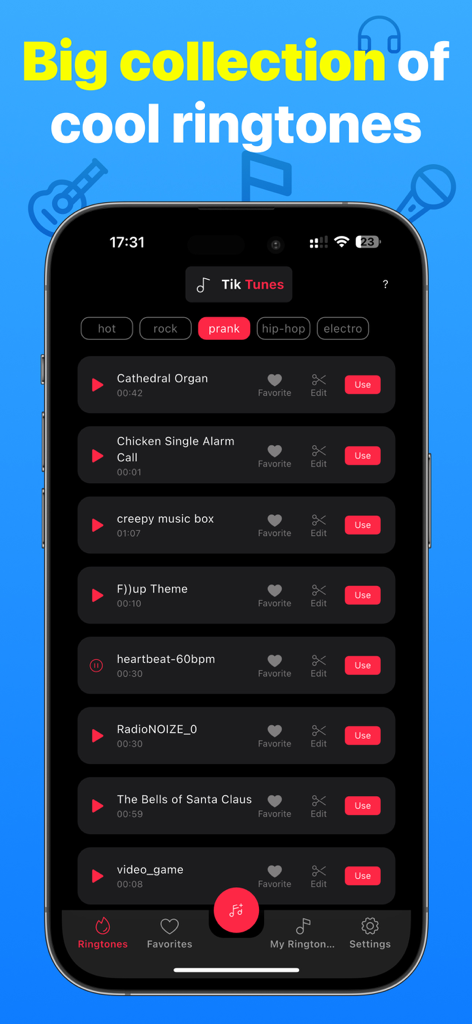 Tik Ringtones - Garage Maker - Interfaz de la aplicación Tik Ringtones que muestra una biblioteca de sonidos personalizados, incluidas categorías de música electrónica y de broma para iPhone