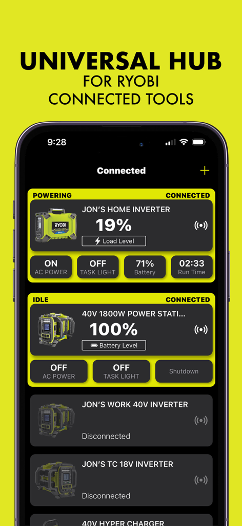 RYOBI App Universal-Hub, der den Status und die Akkustände von verbundenen Elektrowerkzeugen anzeigt