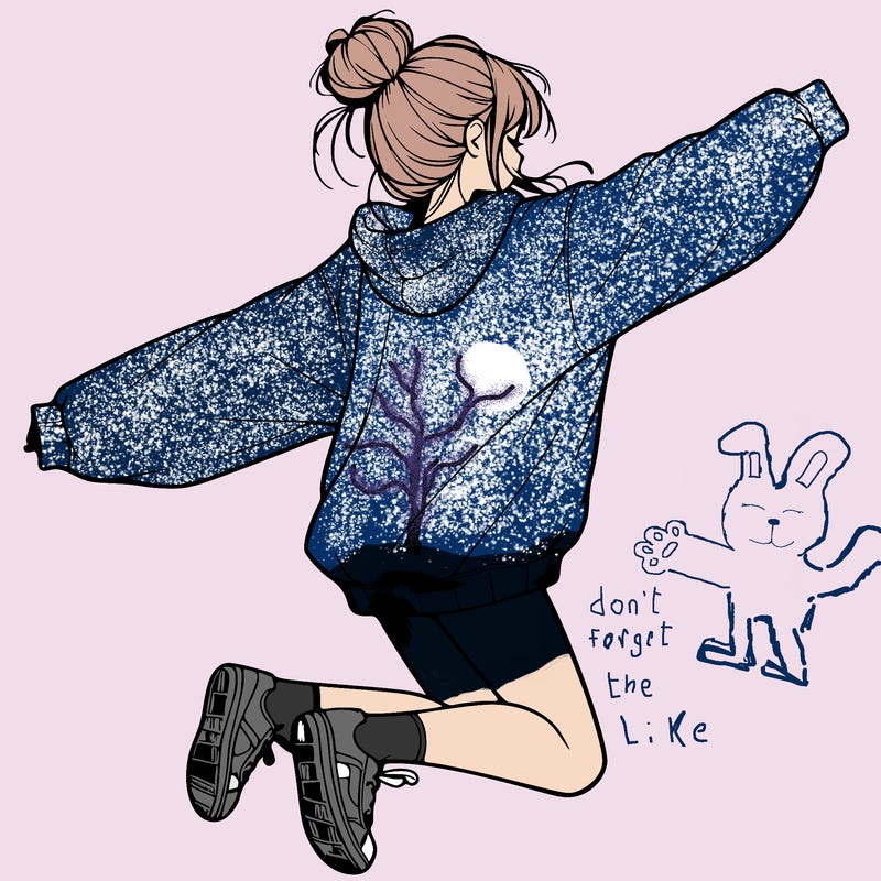 realistic girl jumping with a bun and oversized sweatshirt